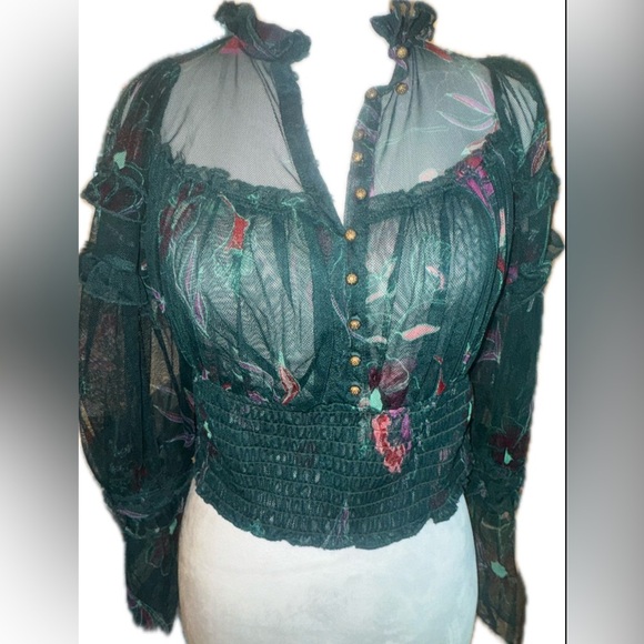 Free People Time For Shine Sheer Floral Ruffle long Sleeve Crop Top XS - Picture 3 of 14